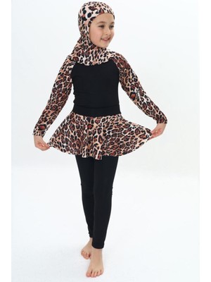 Üç Parça Dalgıç Kumaş  Leopar Desenli Uzun Kollu Tayt-Etekli-Uv Korumalı-Boneli Kız Çocuk Haşema-Mayo