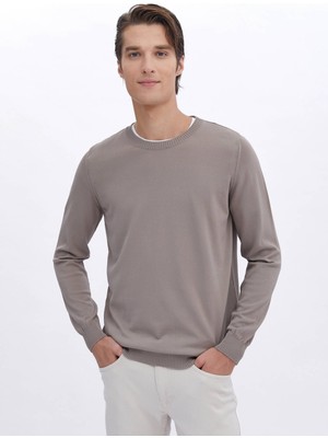 Açık Vizon Bisiklet Yaka Düz Örgü Triko Kazak