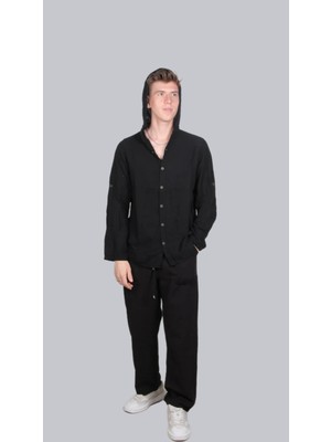 Bomull Müslin Erkek Kapşonlu Uzun Katlanabilir Kol Gömlek