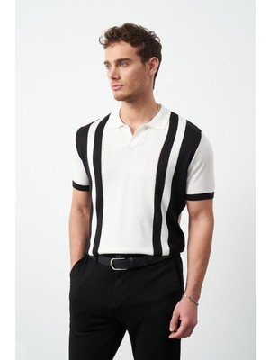Çizgili Oversize Polo Yaka Triko Erkek T-Shirt
