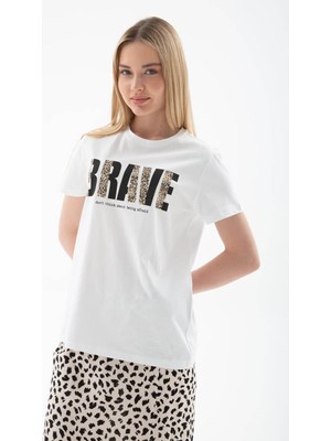 Fashion Friends Baskılı %100 Pamuklu Beyaz Kadın T-Shirt 25Y0433K1