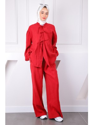 İmaj Butik Bordo Ön Bağlamalı Kimono Pantolonlu Takım