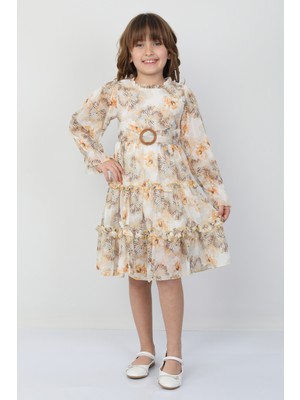 E Çocuk Kız Çocuk Şifon Tokalı Çiçekli Elbise 26144