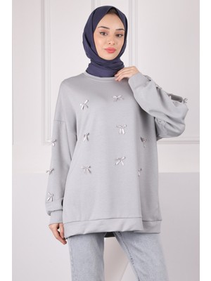 İmaj Butik Gri Kurdele Detaylı Modal Sweat