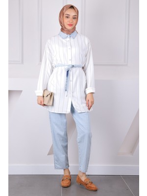 İmaj Butik Mavi Bel Kuşaklı Kot Garnili Tunik Pantolonlu Takım