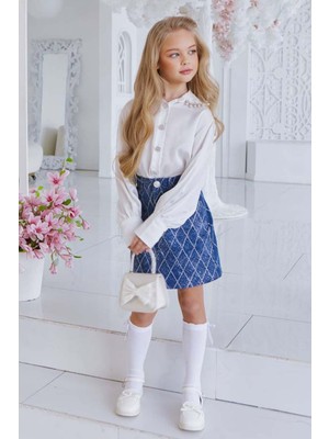 Riccotarz Kız Çocuk Yakası Güpür Taş Işlemeli Şifon Beyaz Gömlek Kare Çizgili Jean Etekli Takım