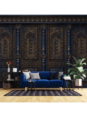 3 Boyutlu Altın Motif Lacivert Panel Duvar Kağıdı Baskı