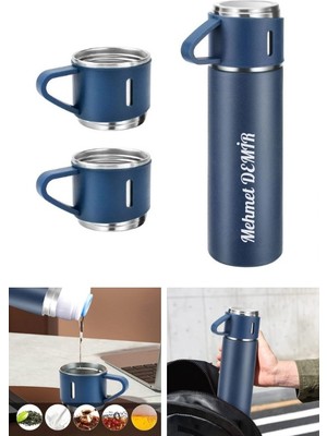 Biton Toptan Kişiye Özel Paslanmaz Çelik Termos 3 Bardaklı Termos Seti Vakumlu Kamp Termos Set Lacivert