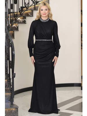 Hürrem Kuyruklu Taşlı Abiye Siyah ELB76