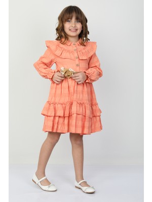 E Çocuk Bel Bağlamalı Düğmeli Kız Çocuk Gül Detaylı Elbise 26150