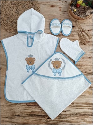 Tomuycuk %100 Pamuklu Başlıklı Bebek Banyo Havlu Seti - Yumuşak & Ayıcık Nakışlı Pareo Havlu - 4 Parça