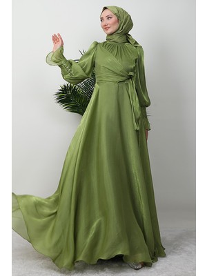 Giza Store Fiyonk Detay Ipek Abiye Fıstık Yeşil