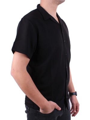 Dagoster DMG23-199598 Siyah Ottoman Örme Apaj Yaka Oversize Kalıp Kısa Kol Erkek Gömlek