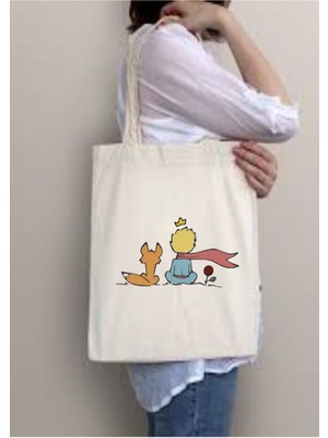 Mediterian Küçük Prens temalı bej pamuklu bez çanta, şık ve kullanışlı günlük taşıma seçeneği