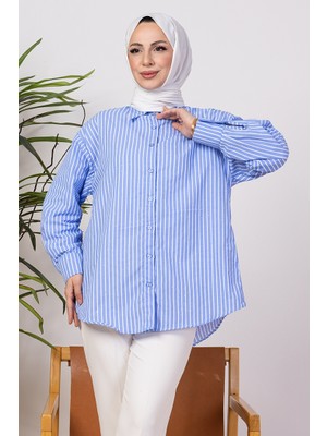 Taşlı Çizgili Gömlek 1407 - Mavi
