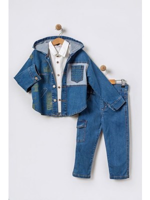 Miniğimin Cicileri Kapüşonlu Kot Ceket, Gömlek ve Kargo Pantolon Erkek Çocuk Takımı - Yeşil