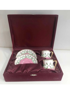 Es Dekor 2'li Ince Osmanlı Çiçekli Kahve Fincan 90 cc Kadife 23 x 17  cm Kutulu Pembe Beyaz Gold Porselen
