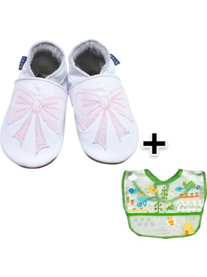 Yorni İkili Set, 6-18 Ay Iplay Mama Önlüğü ve 0-6 Ay Bebek Bow White Pink El Yapımı Hakiki Deriden Patik
