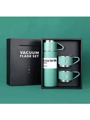 Vakumlu Çay Kahve Sıcak Soğuk Yeşil Piknik Kamp Termosu Paslanmaz Çelik 3 Bardaklı 500ML Vakumlu Çay Kahve Sıcak Soğuk Termos Seti