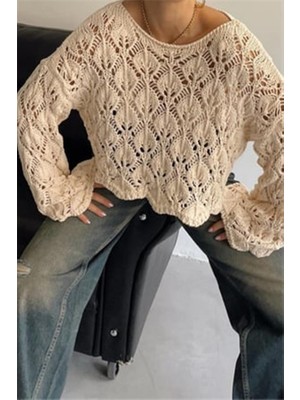 Kayık Yaka Ajurlu Triko Kazak