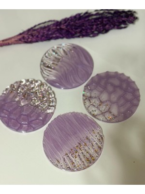 Epoksi Reçine Bardak Altlığı - 4'lü Takım - Mor Altın Glitter Geometrik - Çap: 12  cm