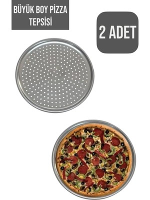 (2 Adet) Büyük Boy 32 cm Delikli Pizza Tepsisi Lahmacun Pide Tepsisi-Yanmaz Yapışmaz Pizza Tepsisi