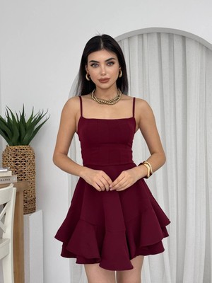 Askılı Volanlı Eteği Belden Açılan Fırfırlı Kadın Mini Elbise