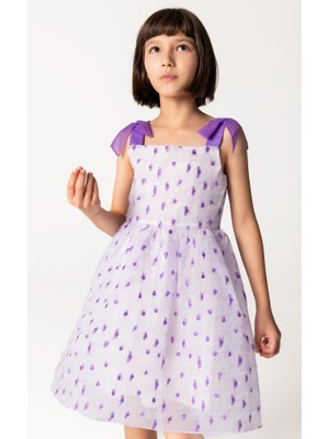 04-12 Yaş Kız Çocuk Lila Omuzları Kurdelalı Elbise - Lila