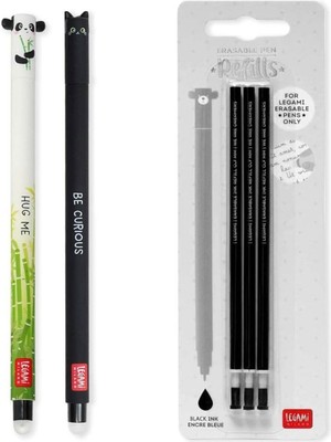 Legami Silinebilir Jel Kalem Ikili Set Panda,kedi ve Yedek Siyah Refiller3 Adet