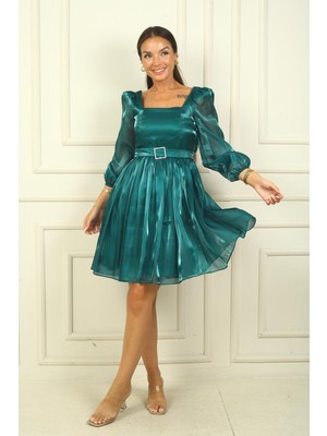 Kadın Kare Yaka Uzun Kollu Beli Kemerli Pileli Organze Kısa Elbise