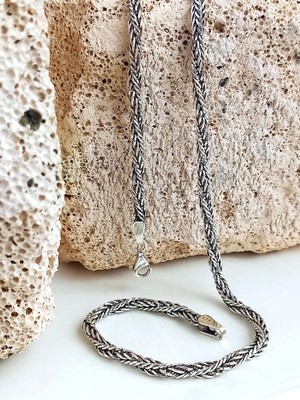 925 Ayar Gümüş Örgü Desen Burgu Tilki Kuyruğu Tasarım Spor Erkek Zincir Kolye