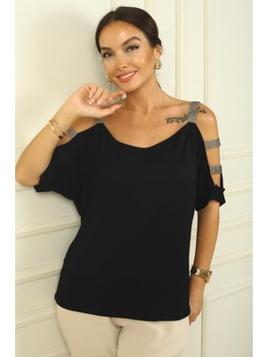 Kadın Kolu Taş Şerit Dekolteli Rahat Kalıp Bluz