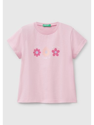 Kız Çocuk Pembe Simli Benetton Logo Baskılı T-Shirt