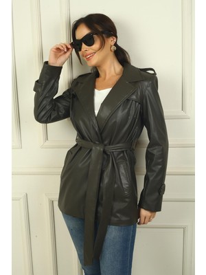 Kadın Devrik Yaka Belikuşaklı Astarlı Yandan Cepli Deri Trenç Ceket