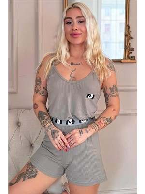 Pijama Evi Haki Panda Charm Desenli Örme Ip Askı Şortlu Kadın Pijama Takımı
