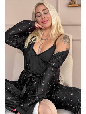 Siyah Midnight Petals Exclusive Örme Sabahlıklı Kadın Pijama Takımı