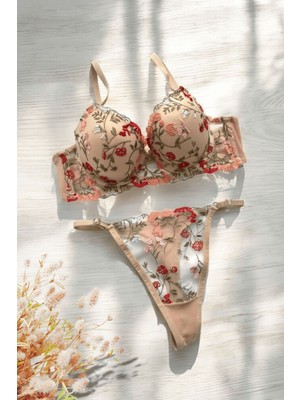 Luvensa Bej Çiçek Desenli Dolgulu Sütyen Takım (Sütyen & Tanga)