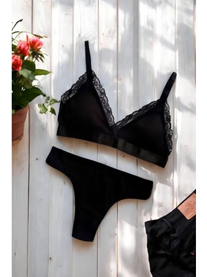 Luvensa Siyah Fitilli Pamuklu Dantelli Bralet Takımı (Sütyen & Külot)