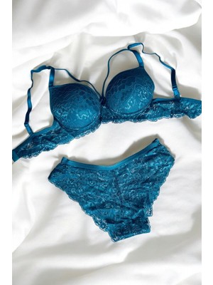 Luvensa Petrol Mavi Ip Detaylı Dantelli Sütyen Takımı (Sütyen & Külot)
