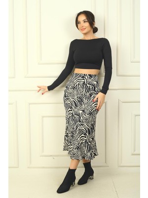 Kadın Beli Lastikli Zebra Desen Saten Etek