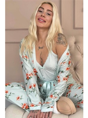 Pijama Evi Mint Floral Breeze Exclusive Örme Sabahlıklı Kadın Pijama Takım