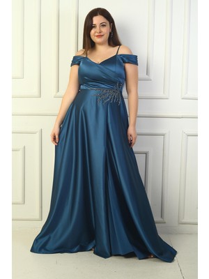 Kadın Ön Arka V Yaka Ip Askılı Düşük Kol Taş Işlemeli Astarlı Büyük Beden Uzun Saten Abiye Elbise