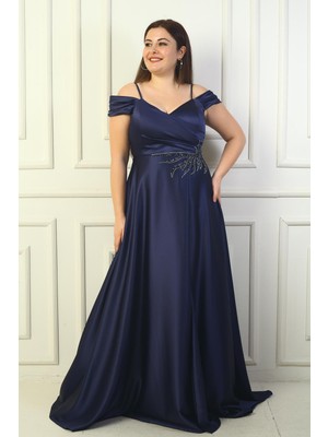 Kadın Ön Arka V Yaka Ip Askılı Düşük Kol Taş Işlemeli Astarlı Büyük Beden Uzun Saten Abiye Elbise