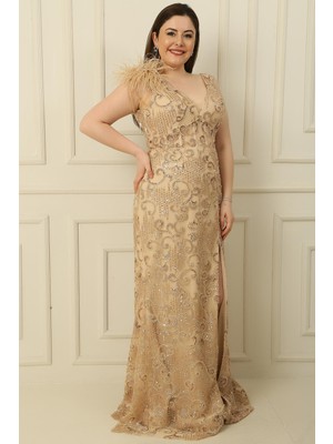 Tek Omuz Tüylü Boncuk-Pul Işlemeli Astarlı Büyük Beden Balık Elbise