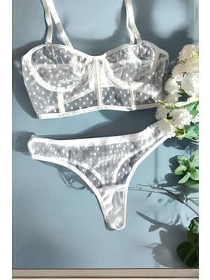 Beyaz Puantiyeli Büstiyer Bralet Takım (Sütyen & Tanga)