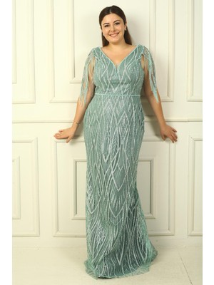 Kadın Ön Arka V Yaka Astarlı Taş ve Boncuklu Büyük Beden Elbise