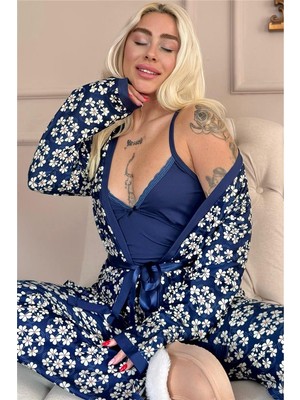 Pijama Evi Lacivert Blossom Exclusive Örme Sabahlıklı Kadın Pijama Takım