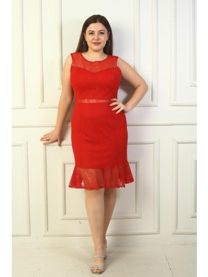 Kadın Önü Boncuk Işlemeli Eteği Volanlı Astarlı Büyük Beden Dantel Elbise