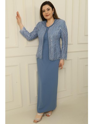 By Saygı Yarım Ay Kollu Uzun Elbise Astarlı Büyük Beden 2'li Takım