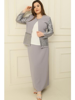 By Saygı Içi Yarım Ay Kol Bluz Pul Nakışişlemeboncuk Detaylı Ceket Etek Astarlı Büyük Beden 3'lü Takım